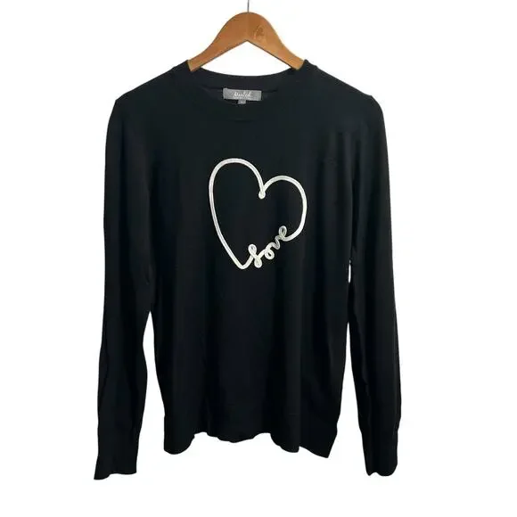 Marled Valentine Embroidered Heart "Love" Sweater Black Women's Size Medium - Picture 1 of 8